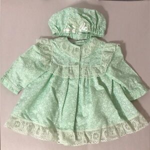 3pc Mint Green Floral Lace Trim Baby Dress with Bonnet and Cardigan Set